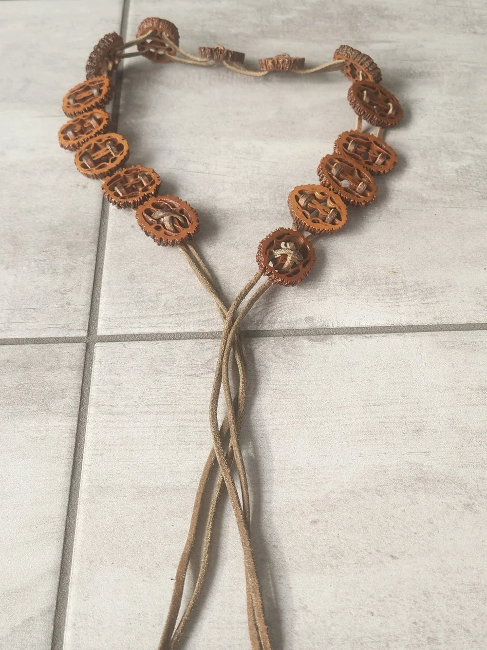 Vintage 70s Black Walnut Shell Slices Tie Belt, Leather Suede Strap Boho Folk